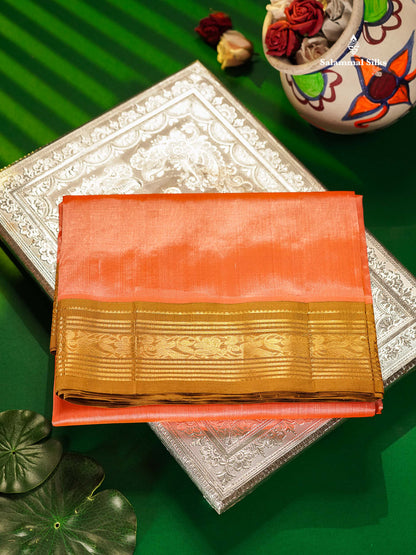 Pure Silk Cotton Saree - Peach Plain Along With Contrast Light Brown Traditional Border