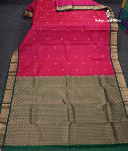 Beautiful Dual Tone Pink Pure Kanjivaram Silk Saree With Contrast Bottle Green Traditional Border