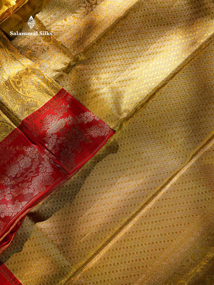 Beautiful Gold Tissue Bridal Pure Kanjivaram Silk Saree With Contrast Chilly Red Border