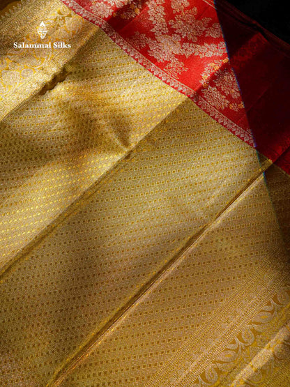 Beautiful Gold Tissue Bridal Pure Kanjivaram Silk Saree With Contrast Chilly Red Border