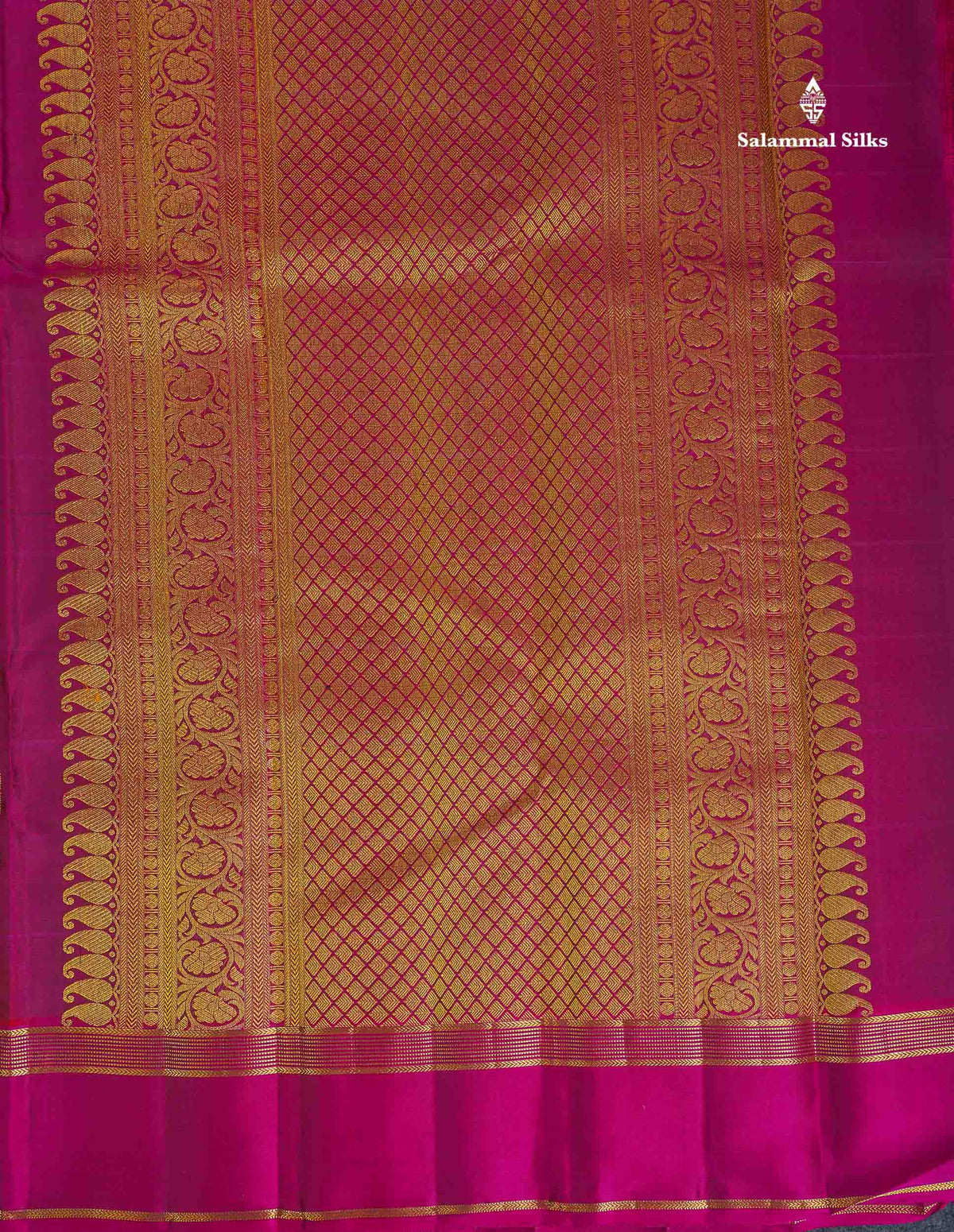 Pure Kanjivaram Silk Saree - Mehandi Green Colour Checks With Zari Butta & Dark Magenta Gap Border