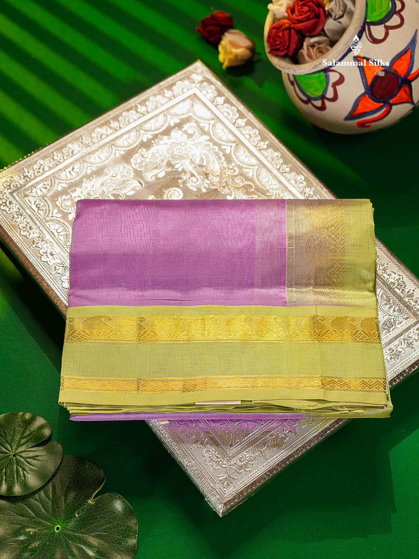 Pure Silk Cotton Saree - Lavender Plain Along With Contrast Light Pista Green Traditional Rettapet Gap Border