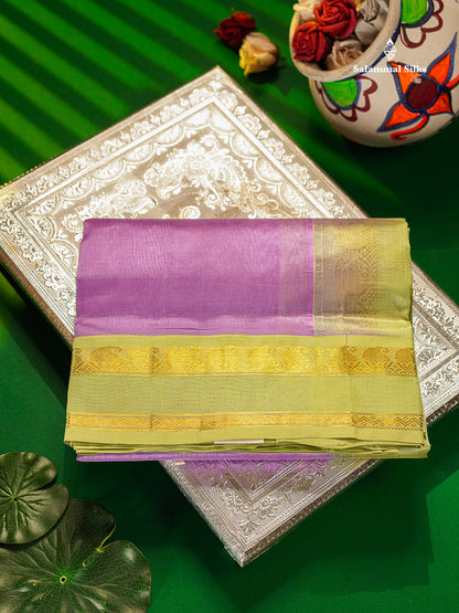 Pure Silk Cotton Saree - Lavender Plain Along With Contrast Light Pista Green Traditional Rettapet Gap Border