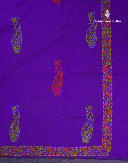 Beautiful Purple South Cotton Printed Saree With Contrast Cream White Blouse