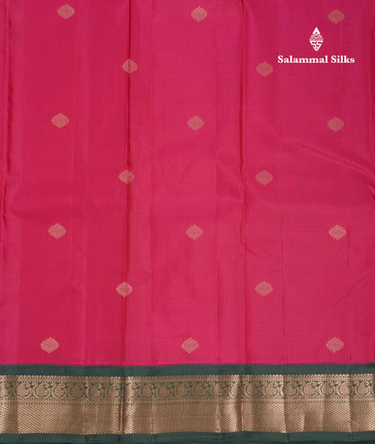 Beautiful Dual Tone Pink Pure Kanjivaram Silk Saree With Contrast Bottle Green Traditional Border