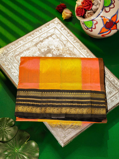 Pure Silk Cotton Saree - Multicolour Along With Contrast Black Border