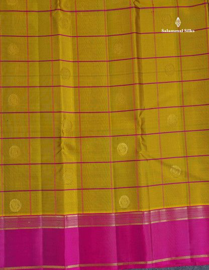 Pure Kanjivaram Silk Saree - Mehandi Green Colour Checks With Zari Butta & Dark Magenta Gap Border