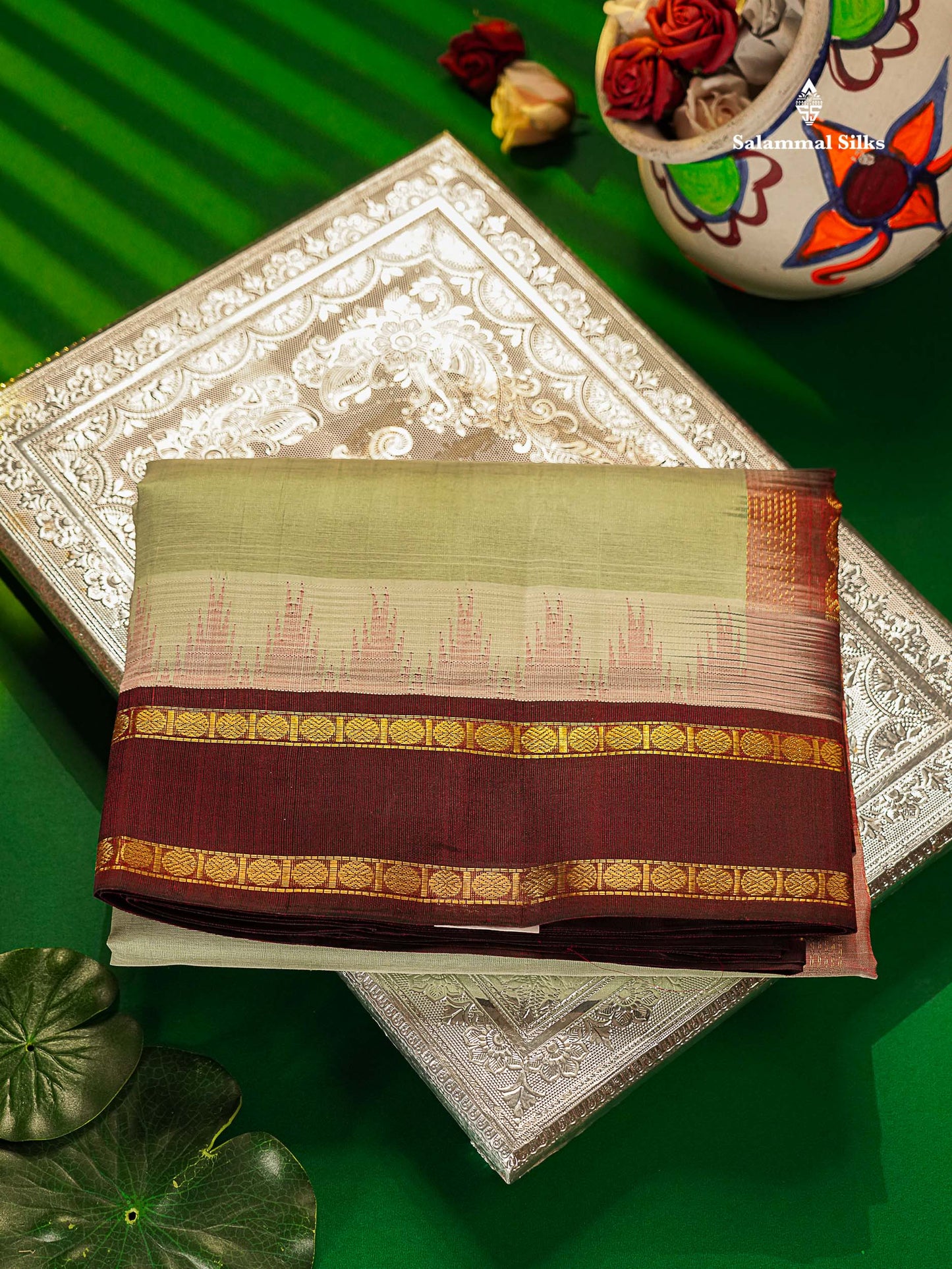 Pure Silk Cotton Saree - Green White Plain Along With Contrast Dark Brown Traditional Rettapet Gap Border