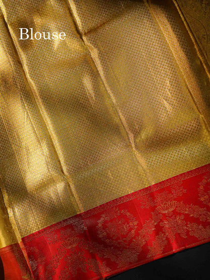 Beautiful Gold Tissue Bridal Pure Kanjivaram Silk Saree With Contrast Chilly Red Border