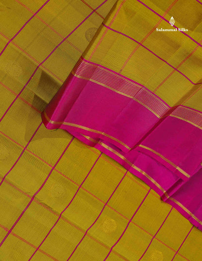 Pure Kanjivaram Silk Saree - Mehandi Green Colour Checks With Zari Butta & Dark Magenta Gap Border