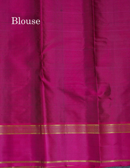 Pure Kanjivaram Silk Saree - Mehandi Green Colour Checks With Zari Butta & Dark Magenta Gap Border