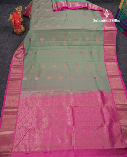 Beautiful Dual Tone Elaichi Green Pure Kanjivaram Silk Saree With Contrast Light Pink Traditional Border