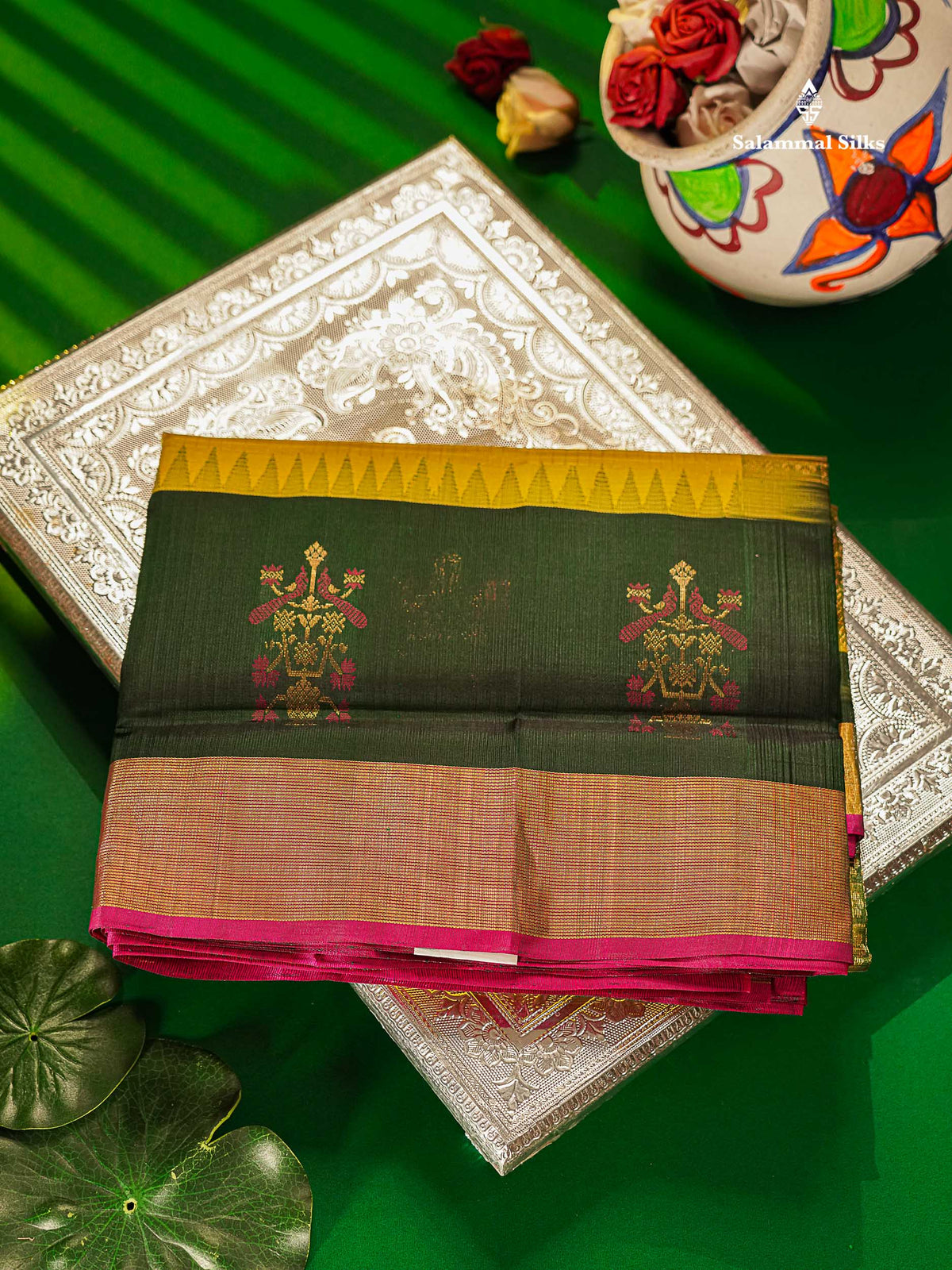 Pure Silk Cotton Saree - Yellow Small Checks Along With Contrast Bottle Green Traditional Evening Morning Border