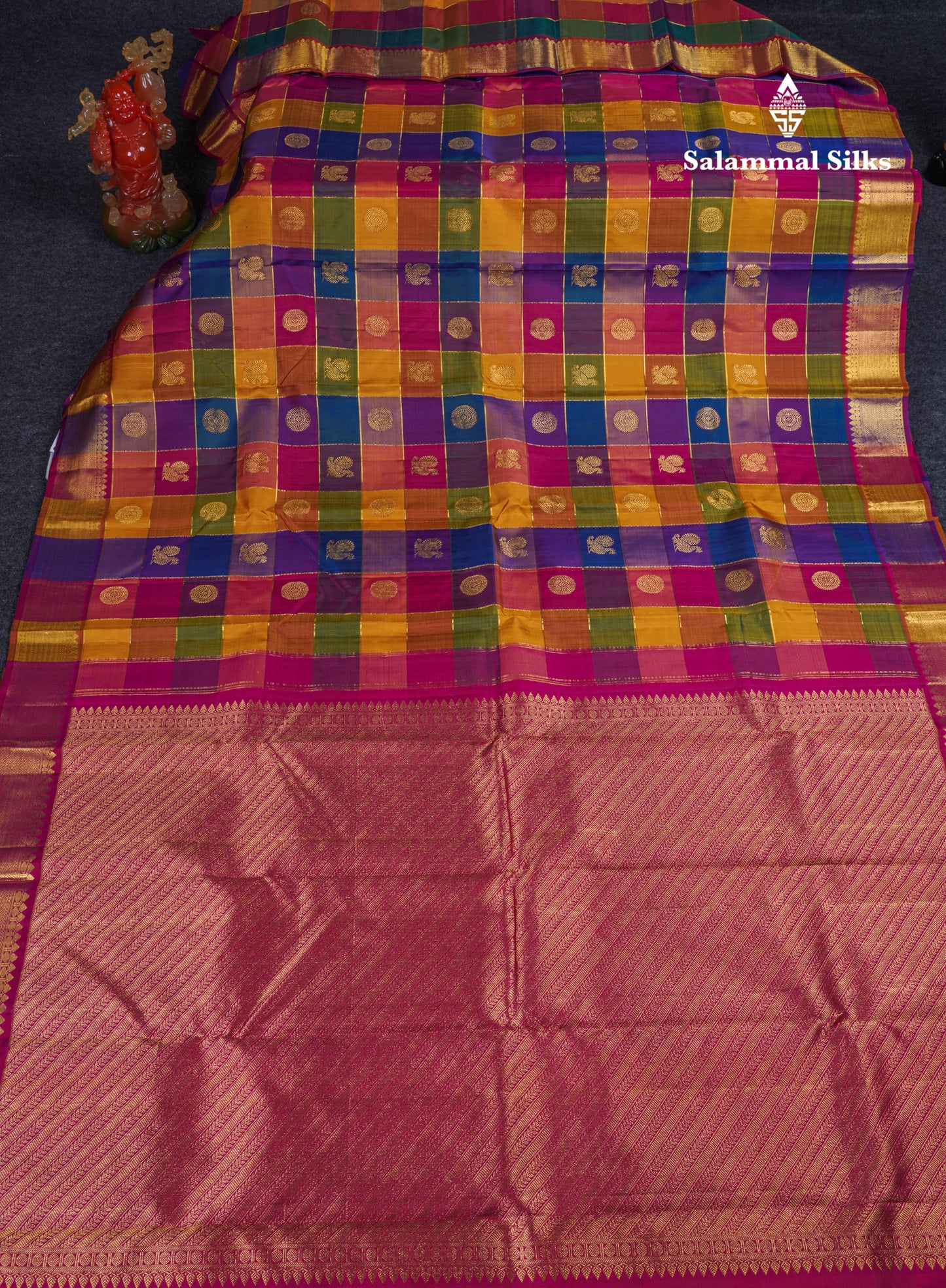 Paalum Pazham Zari Checks With Butta Pure Kanjivaram Silk Saree With Contrast Pink Traditional Border