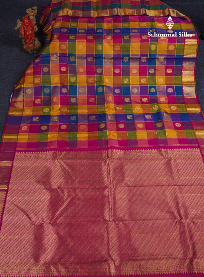 Paalum Pazham Zari Checks With Butta Pure Kanjivaram Silk Saree With Contrast Pink Traditional Border