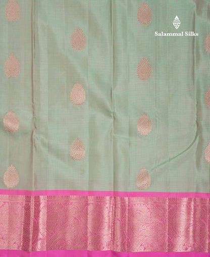 Beautiful Dual Tone Elaichi Green Pure Kanjivaram Silk Saree With Contrast Light Pink Traditional Border