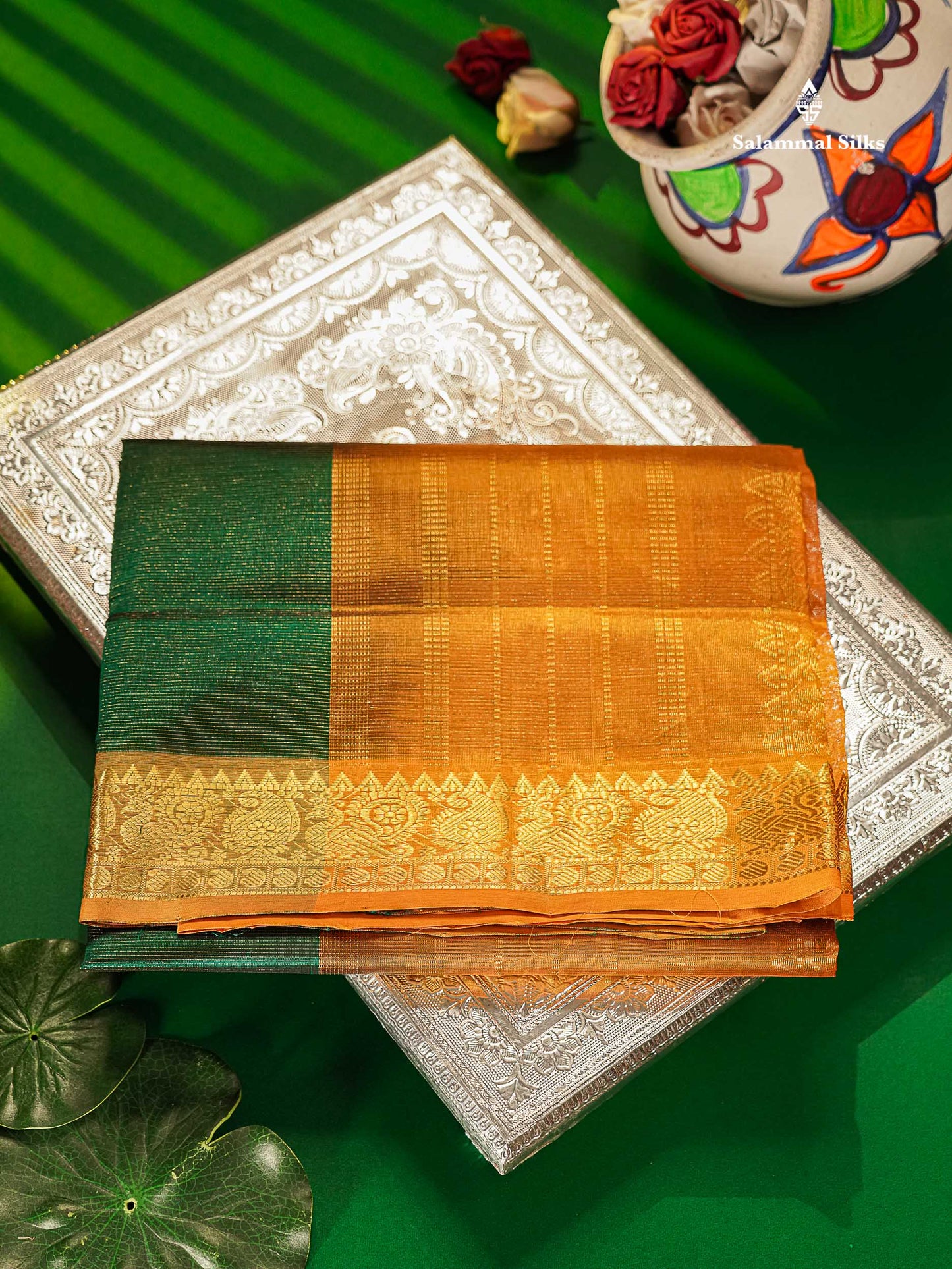 Pure Silk Cotton Saree - Green Vaira Oosi Lines Along With Contrast Mustard Yellow Traditional Border