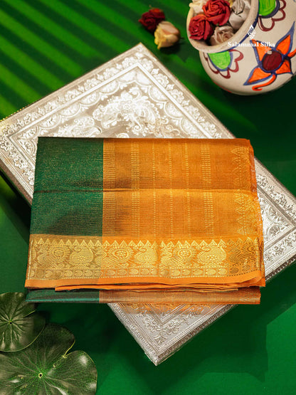 Pure Silk Cotton Saree - Green Vaira Oosi Lines Along With Contrast Mustard Yellow Traditional Border
