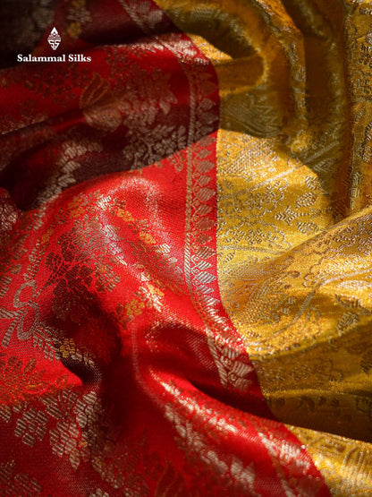Beautiful Gold Tissue Bridal Pure Kanjivaram Silk Saree With Contrast Chilly Red Border