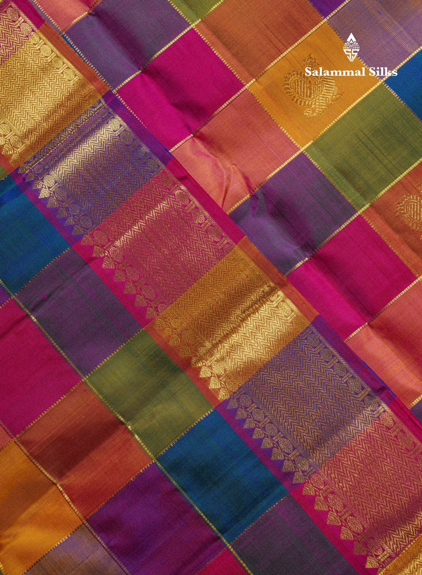 Paalum Pazham Zari Checks With Butta Pure Kanjivaram Silk Saree With Contrast Pink Traditional Border