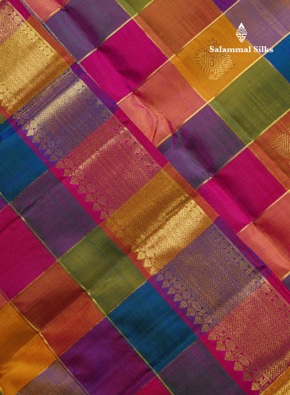 Paalum Pazham Zari Checks With Butta Pure Kanjivaram Silk Saree With Contrast Pink Traditional Border