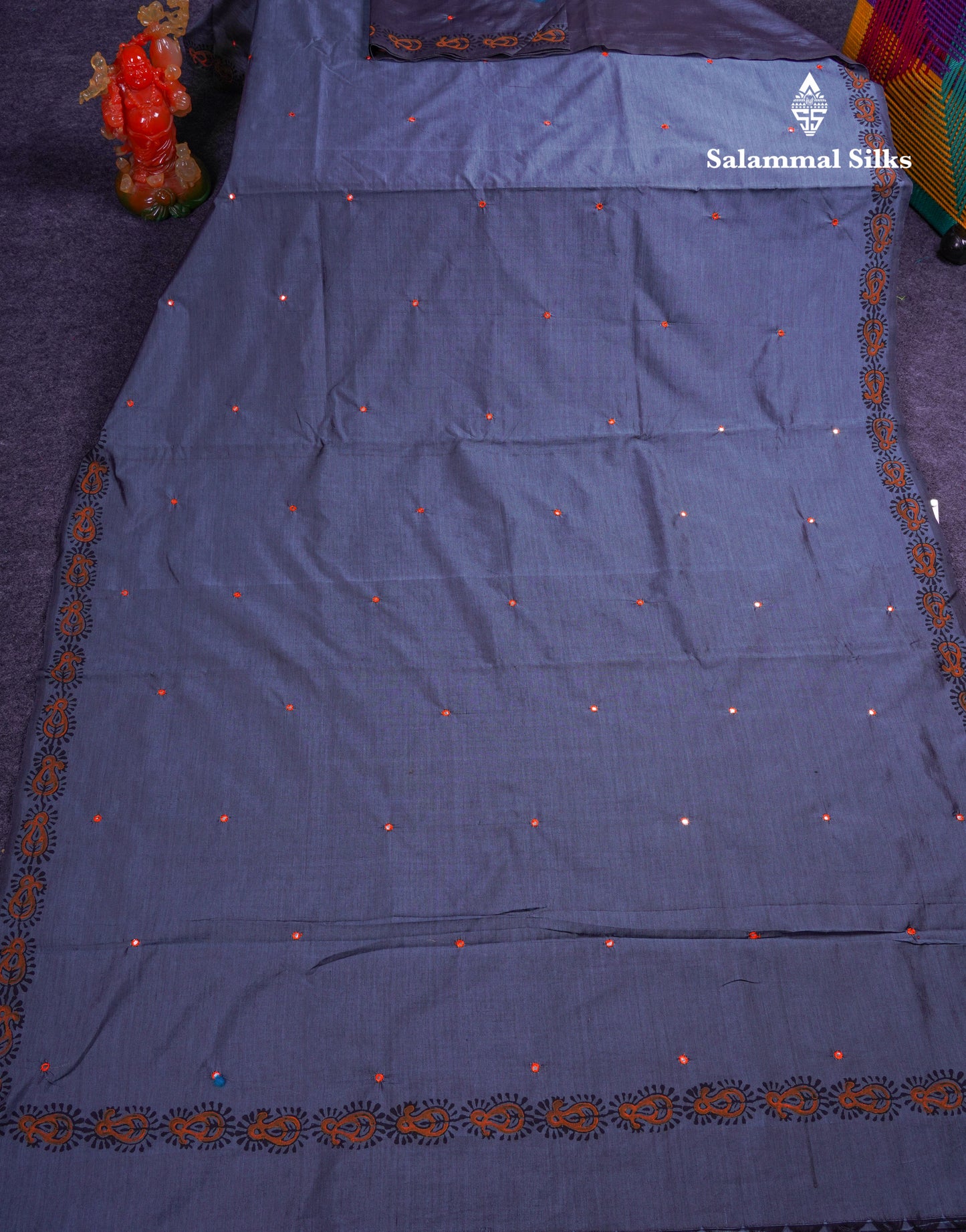Beautiful Grey Mirror Work South Cotton Printed Saree With Contrast Orange Blouse