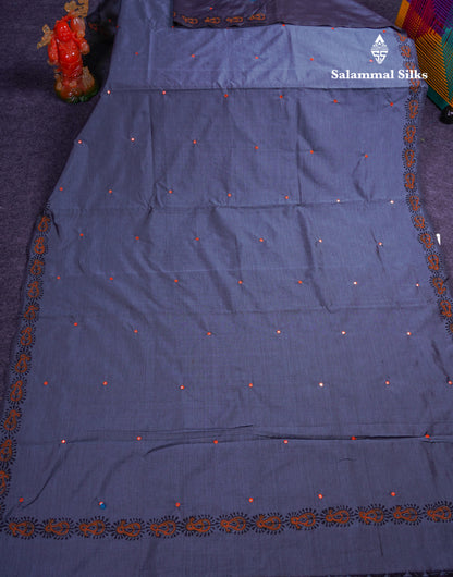 Beautiful Grey Mirror Work South Cotton Printed Saree With Contrast Orange Blouse
