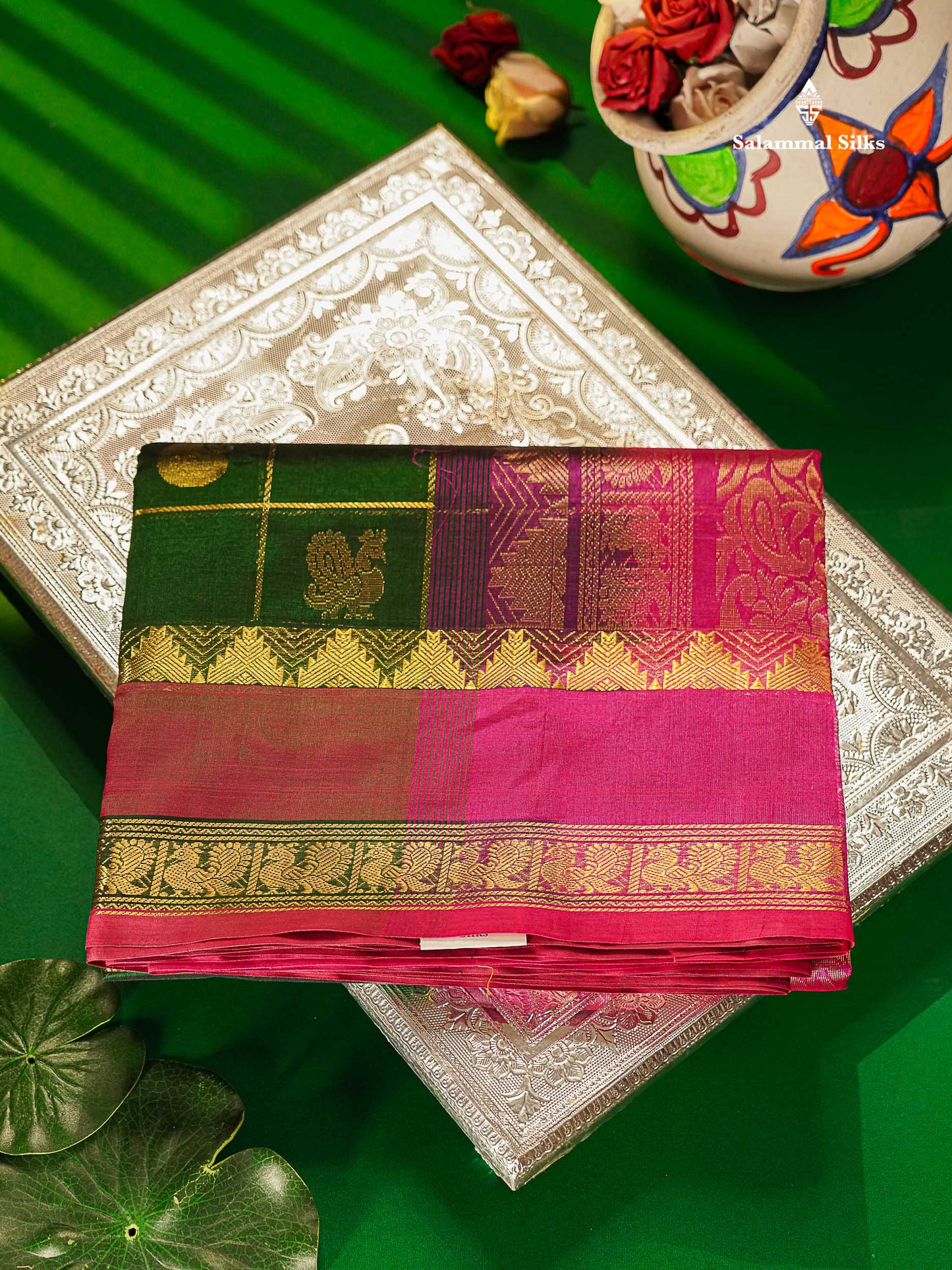 Pure Silk Cotton Saree - Bottle Green Checks With Traditional Butta Along With Contrast Magenta Pink Checks Blouse