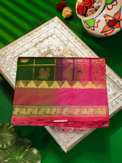 Pure Silk Cotton Saree - Bottle Green Checks With Traditional Butta Along With Contrast Magenta Pink Checks Blouse