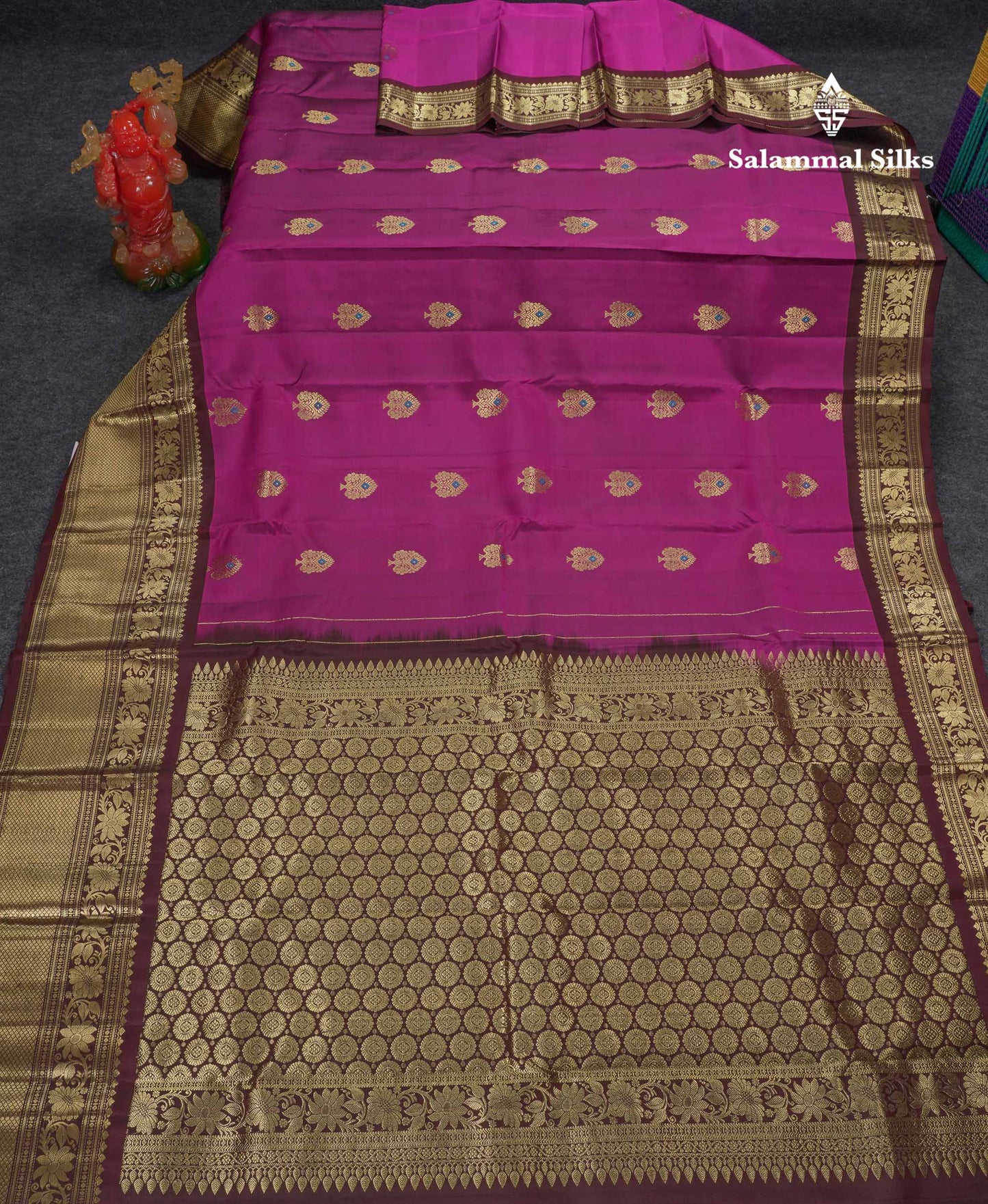 Beautiful Magenta Menakari Work Pure Kanjivaram Silk Saree With Contrast Dark Brown Traditional Evening Morning Border
