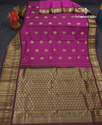 Beautiful Magenta Menakari Work Pure Kanjivaram Silk Saree With Contrast Dark Brown Traditional Evening Morning Border