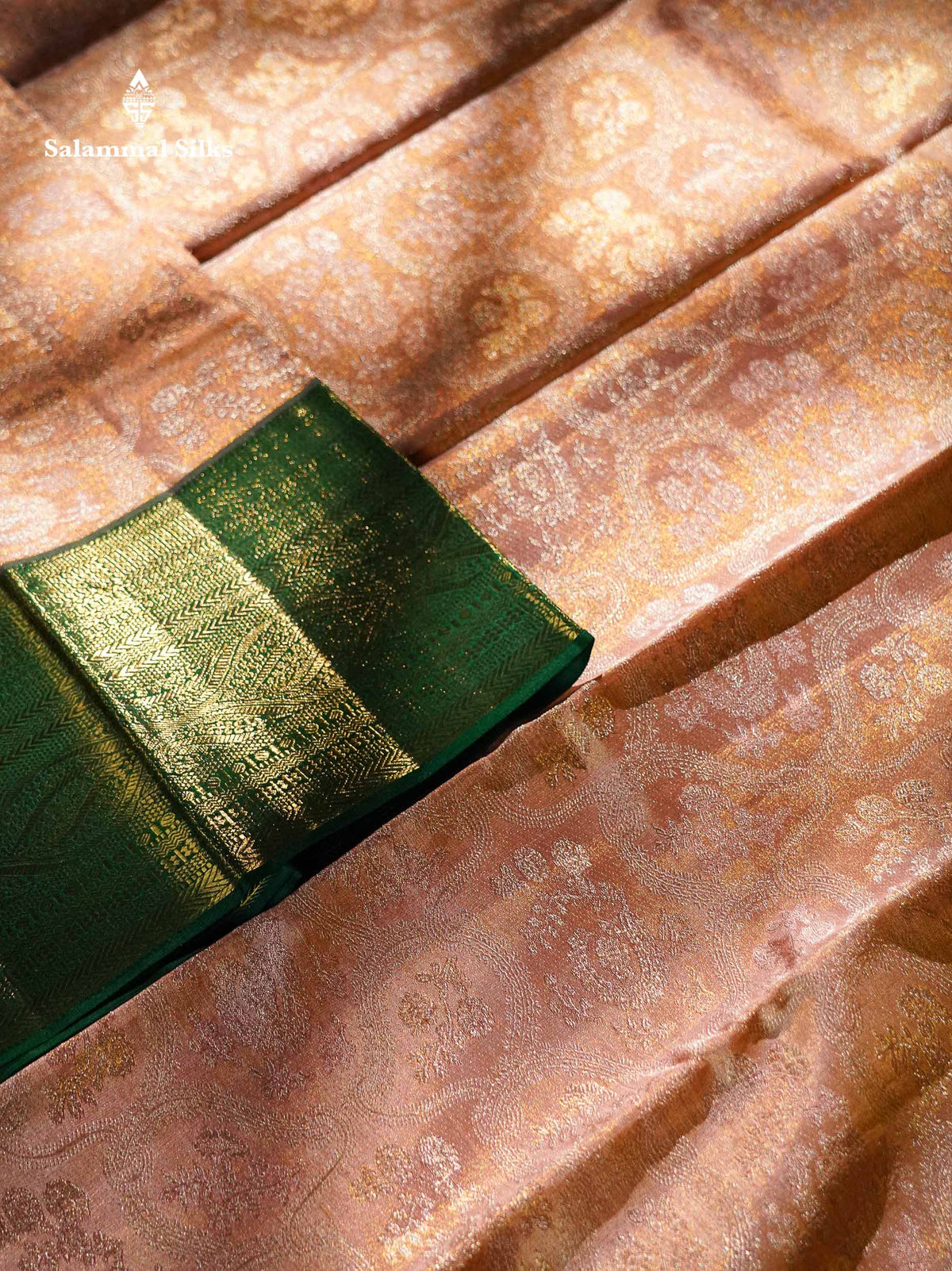 Peach Tissue Bridal Pure Kanjivaram Silk Saree With Contrast Bottle Green Border