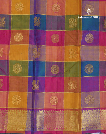 Paalum Pazham Zari Checks With Butta Pure Kanjivaram Silk Saree With Contrast Pink Traditional Border