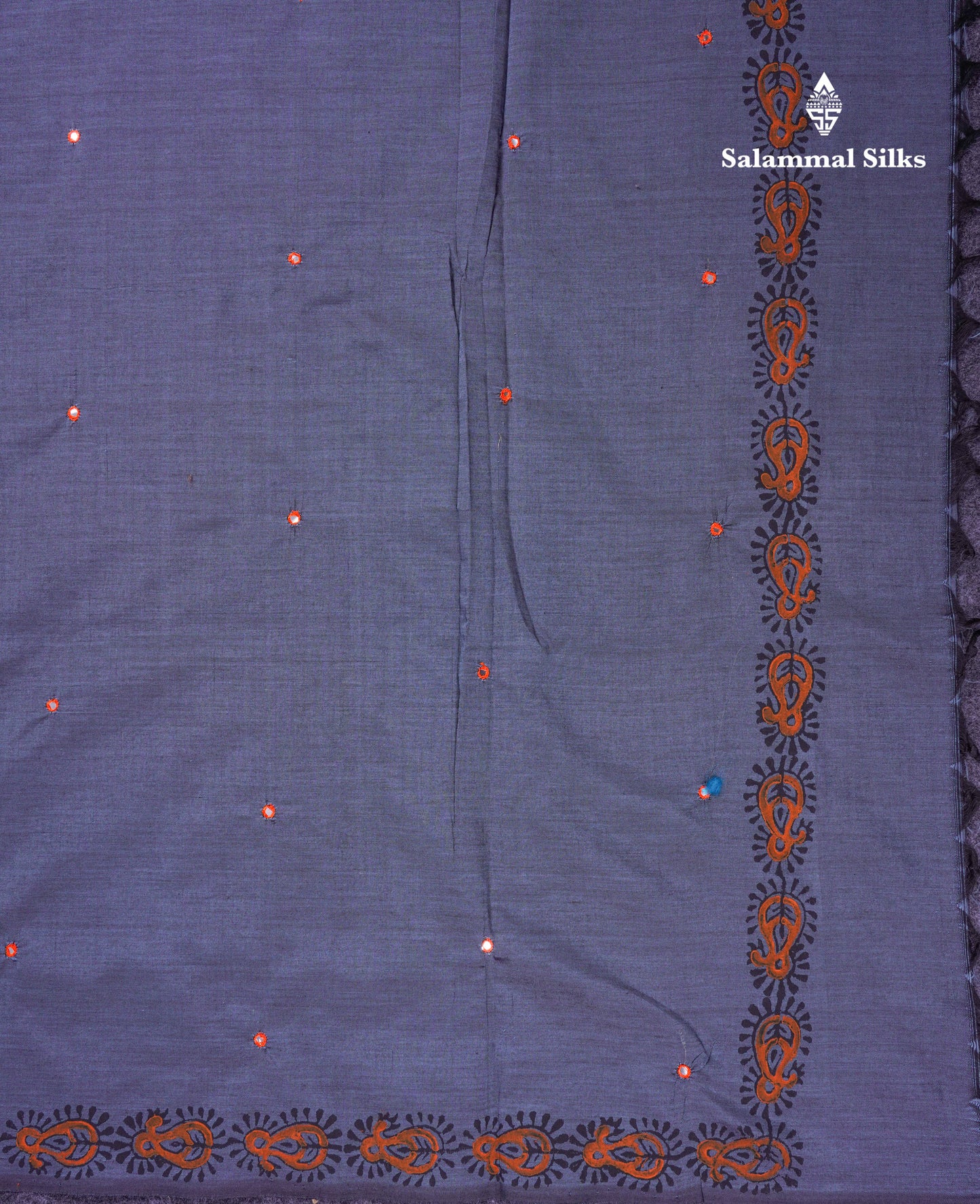 Beautiful Grey Mirror Work South Cotton Printed Saree With Contrast Orange Blouse