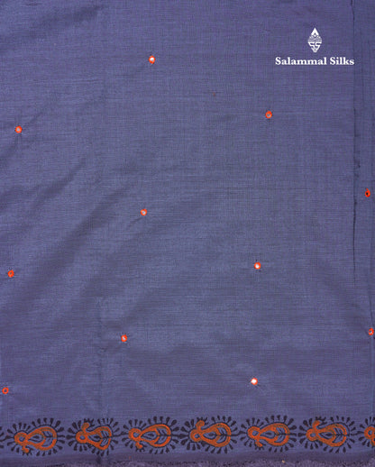 Beautiful Grey Mirror Work South Cotton Printed Saree With Contrast Orange Blouse