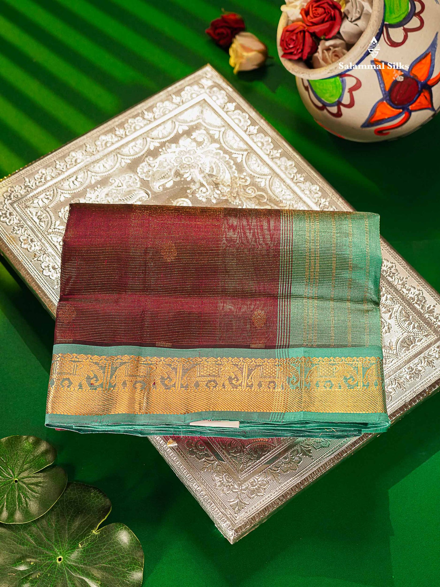 Pure Silk Cotton Saree - Magenta Vaira Oosi Lines With Butta Along With Contrast Dual Tone Sapphire Green Traditional Border