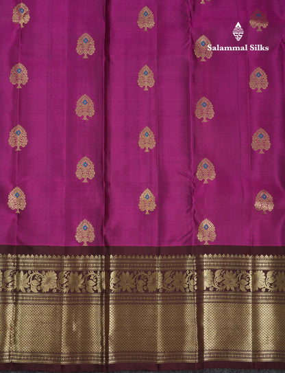 Beautiful Magenta Menakari Work Pure Kanjivaram Silk Saree With Contrast Dark Brown Traditional Evening Morning Border