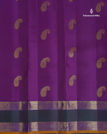 Pure Kanjivaram Silk Saree - Brinjal Colour Body Zari Butta With Dual Tone Bottle Green Gap Border