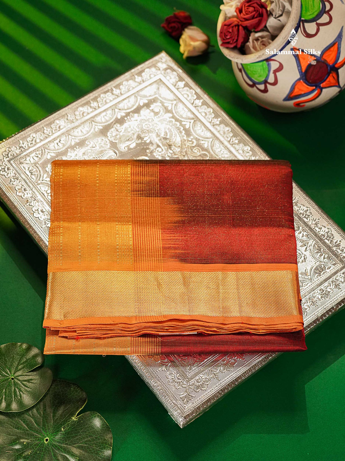 Pure Silk Cotton Saree - Maroon Vaira Oosi Lines Along With Contrast Mango Yellow Traditional Border