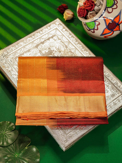 Pure Silk Cotton Saree - Maroon Vaira Oosi Lines Along With Contrast Mango Yellow Traditional Border