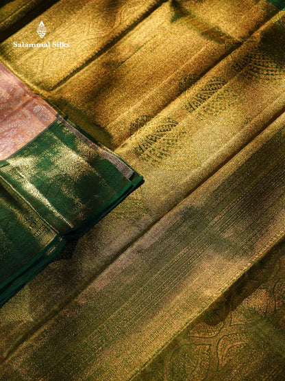 Peach Tissue Bridal Pure Kanjivaram Silk Saree With Contrast Bottle Green Border