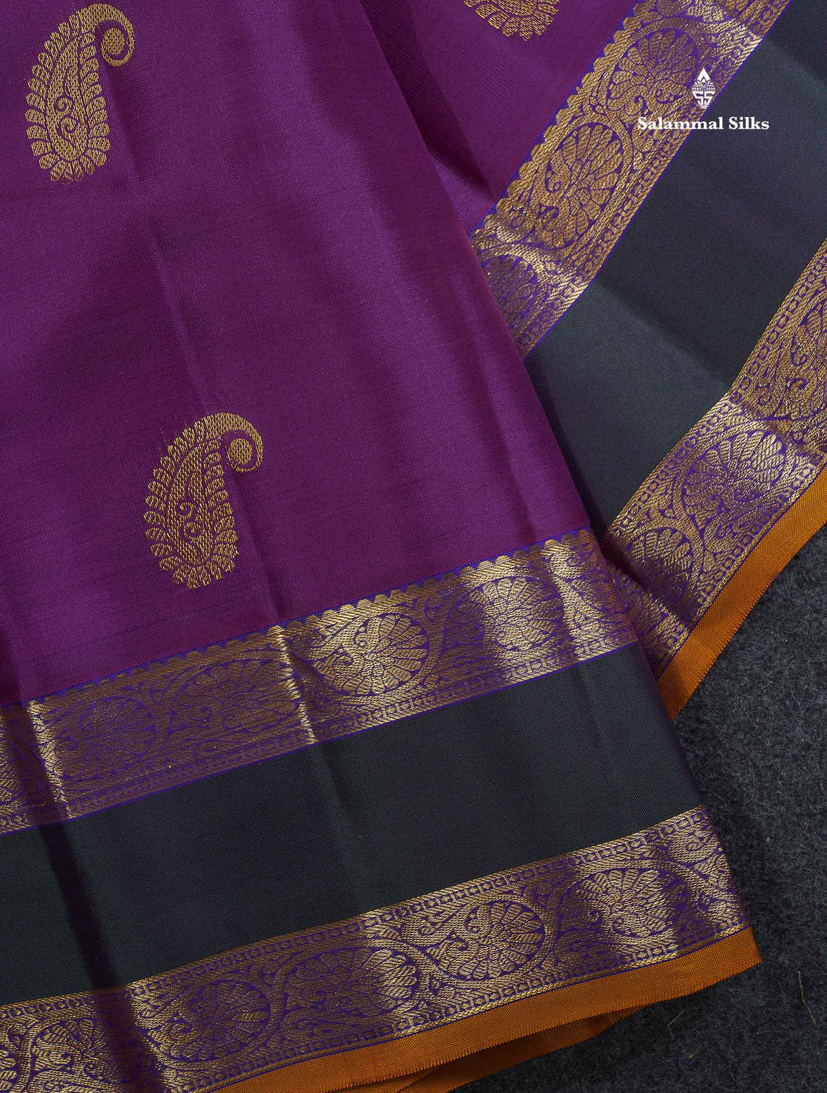 Pure Kanjivaram Silk Saree - Brinjal Colour Body Zari Butta With Dual Tone Bottle Green Gap Border