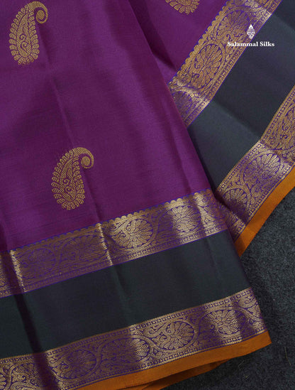 Pure Kanjivaram Silk Saree - Brinjal Colour Body Zari Butta With Dual Tone Bottle Green Gap Border
