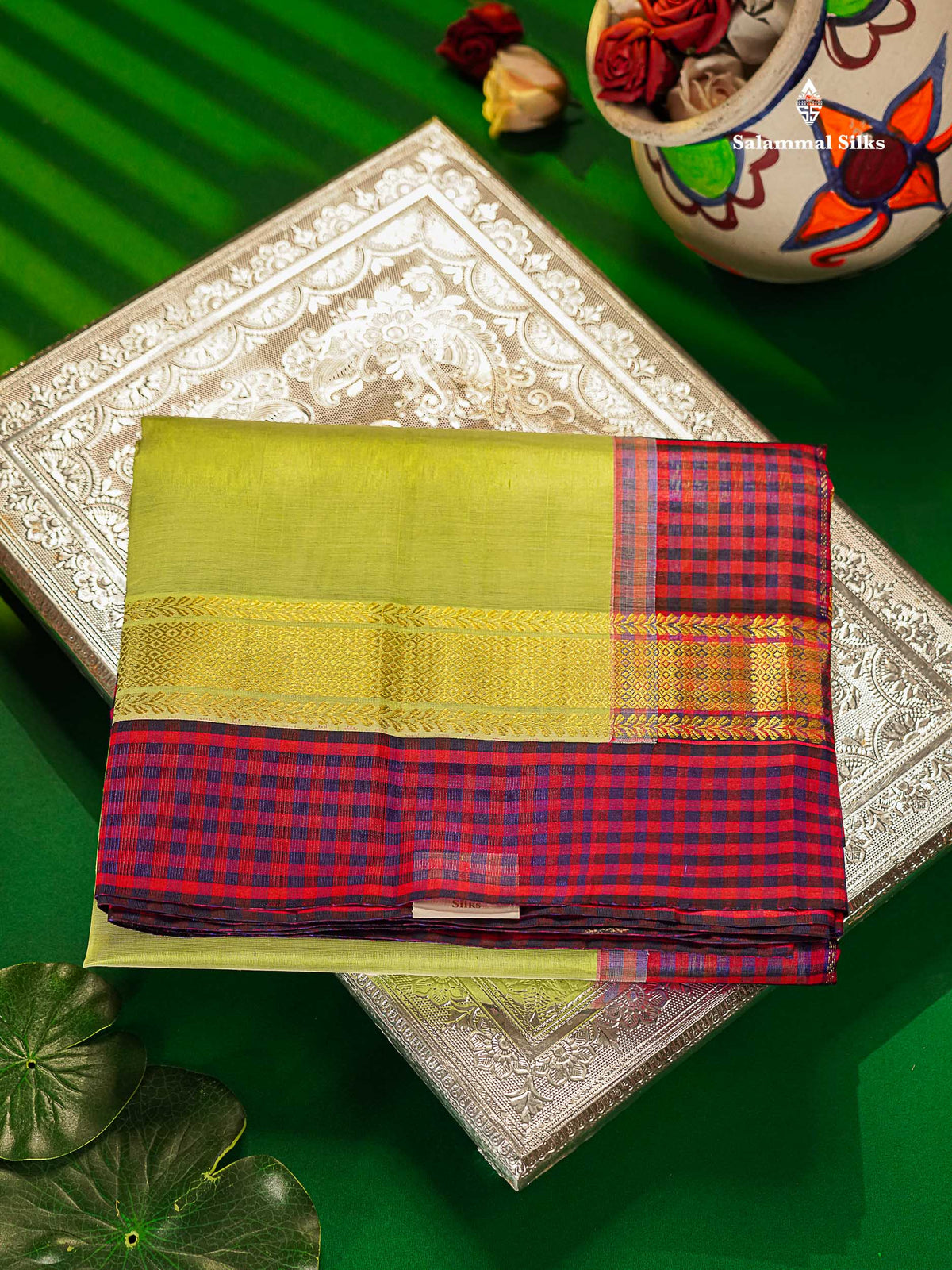 Pure Silk Cotton Saree - Pista Green Plain Along With Contrast Paalum Pazham Tiny Checks Border