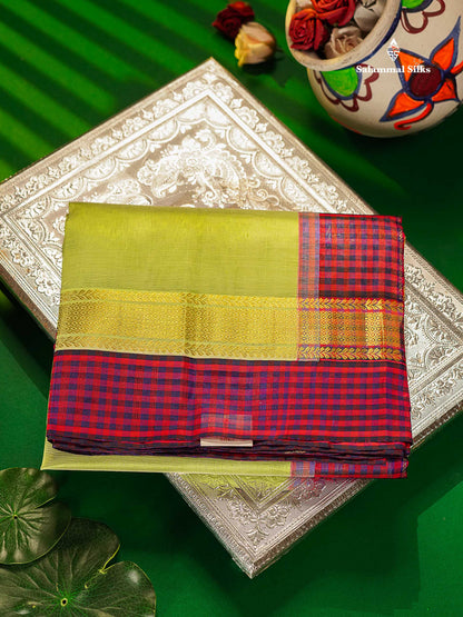 Pure Silk Cotton Saree - Pista Green Plain Along With Contrast Paalum Pazham Tiny Checks Border