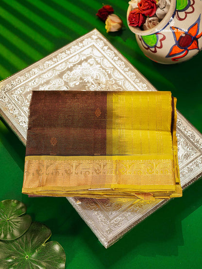 Pure Silk Cotton Saree - Dark Brown Vaira Oosi Lines With Butta Along With Contrast Manthulir Green Traditional Border