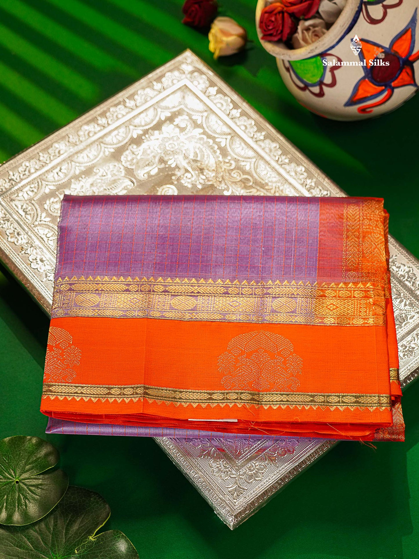 Pure Silk Cotton Saree - Light Lavender Zari Checks Along With Contrast Orange Traditional Border