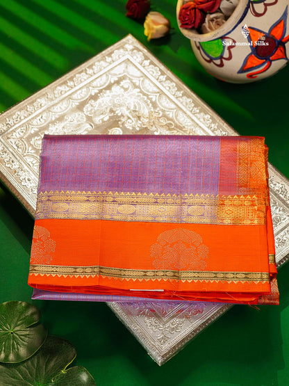 Pure Silk Cotton Saree - Light Lavender Zari Checks Along With Contrast Orange Traditional Border