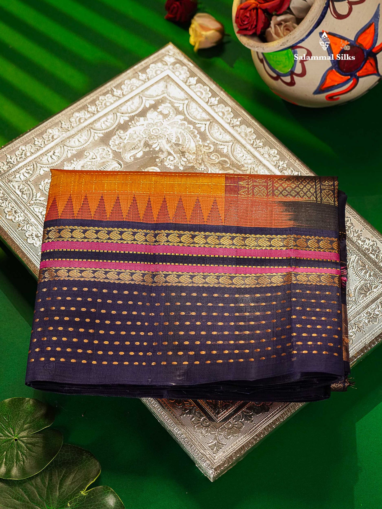 Pure Silk Cotton Saree - Orange Checks With Butta Along With Contrast Navy Blue Traditional Evening Morning Border
