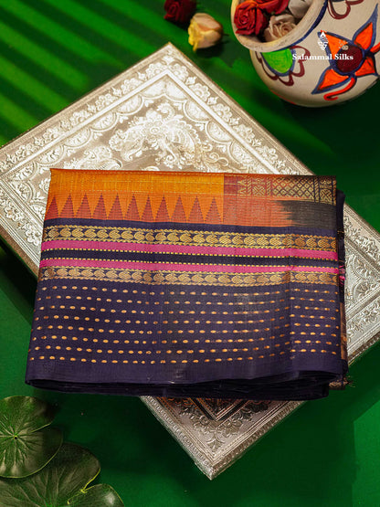 Pure Silk Cotton Saree - Orange Checks With Butta Along With Contrast Navy Blue Traditional Evening Morning Border